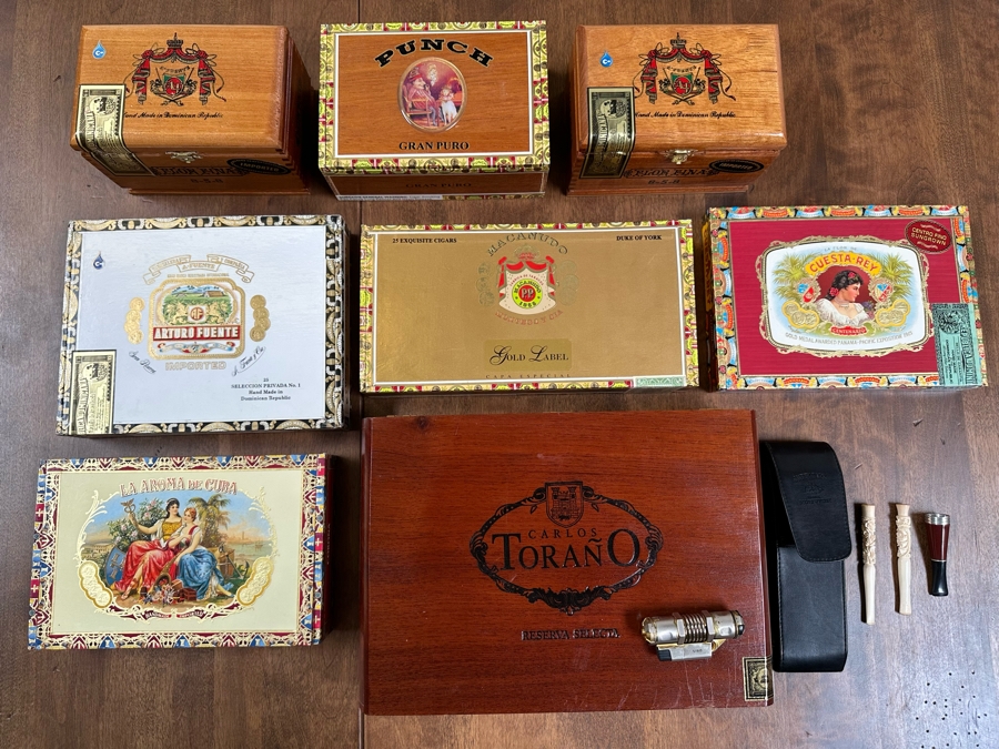 Collection Of Cigar Boxes, Lighter, Pipe Accessories [Photo 2]