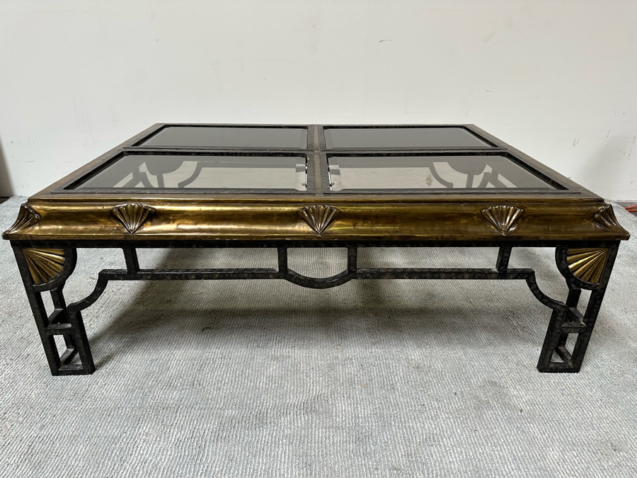 Brass And Iron Glass Top Coffee Table 52W X 39D X 19H [Photo 2]