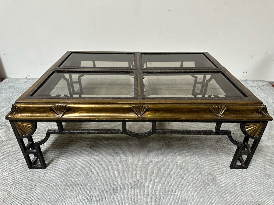 Brass And Iron Glass Top Coffee Table 52W X 39D X 19H [Photo 3]