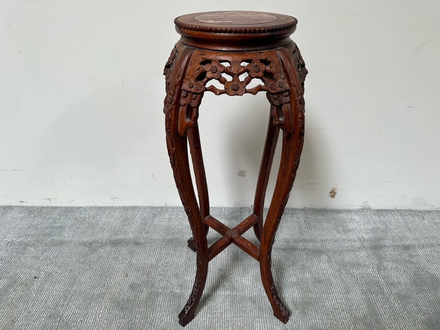Vintage Chinese Carved Wooden Marble Top Fern Stand Side Table 36H [Photo 3]