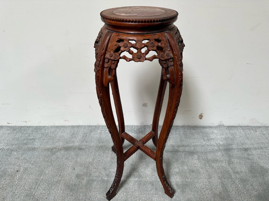 Vintage Chinese Carved Wooden Marble Top Fern Stand Side Table 36H [Photo 2]