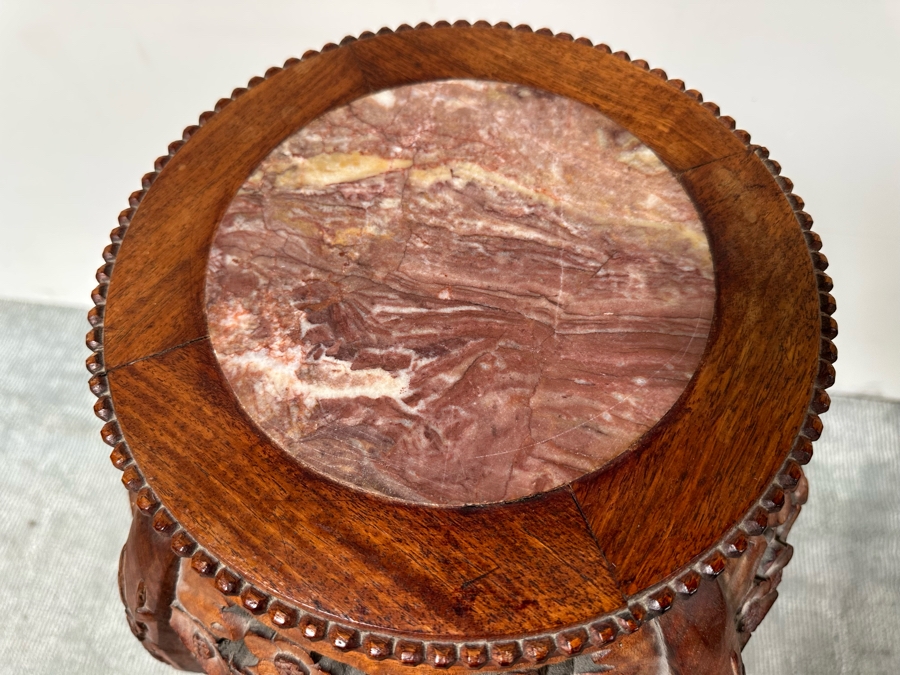 Vintage Chinese Carved Wooden Marble Top Fern Stand Side Table 36H [Photo 6]