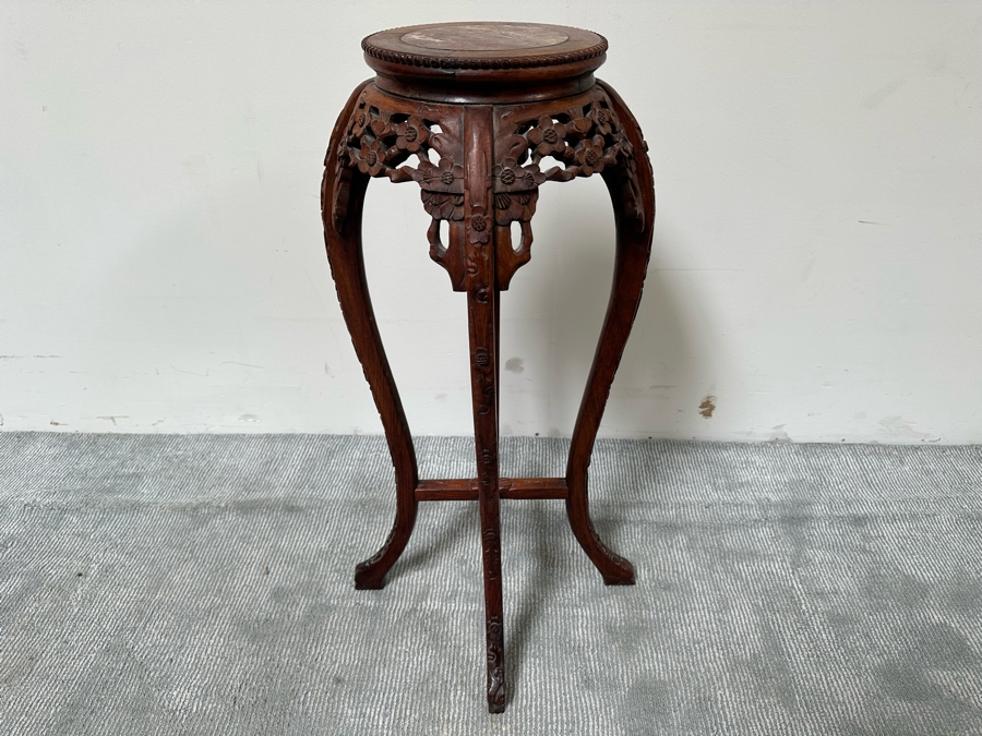 Vintage Chinese Carved Wooden Marble Top Fern Stand Side Table 36H [Photo 5]