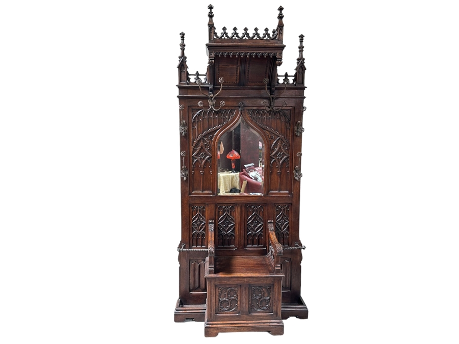 Stunning Antique Gothic Hall Tree 2-Piece Top May Be Removed 50W X 20D X 106H (81 H Without Top)