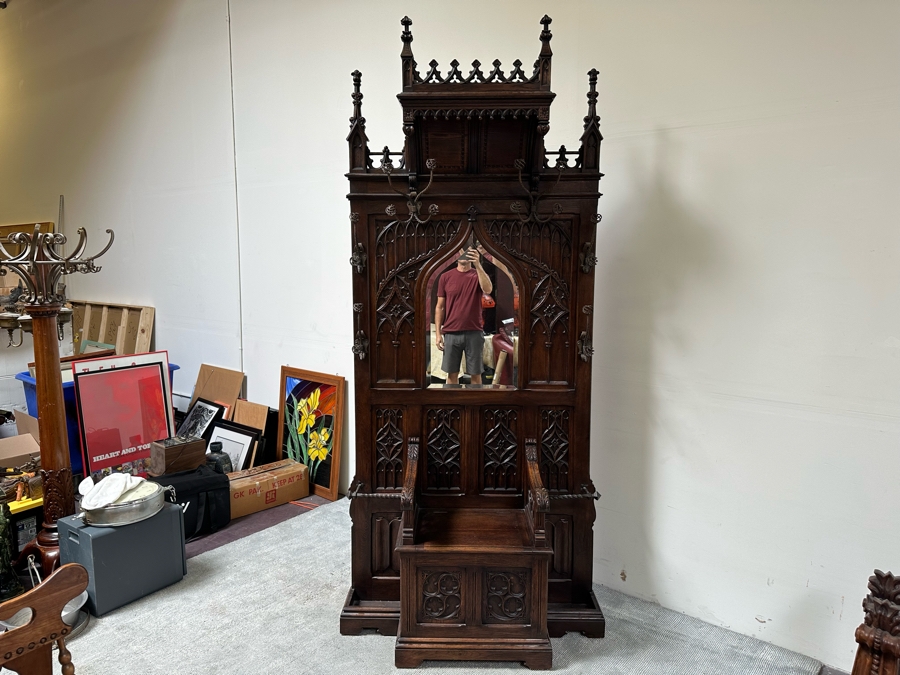 Stunning Antique Gothic Hall Tree 2-Piece Top May Be Removed 50W X 20D X 106H (81 H Without Top) [Photo 26]