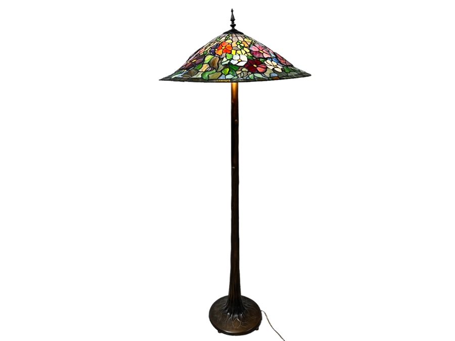 Large Stained Glass Floor Lamp With Bronze Tree Root Lamp Base 26W X 63H [Photo 2]