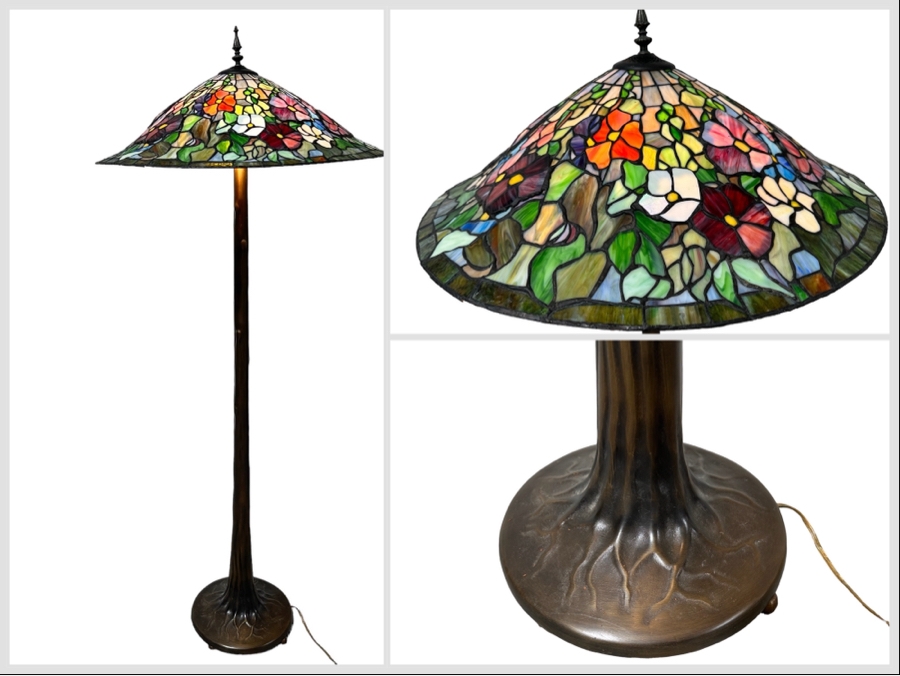 Large Stained Glass Floor Lamp With Bronze Tree Root Lamp Base 26W X 63H
