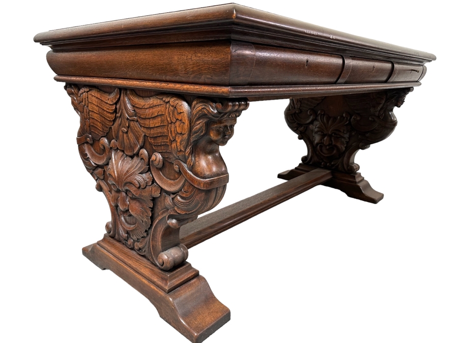 Stunning Antique Carved Tiger Oak Wooden Writing Desk 59W X 33D X 31H