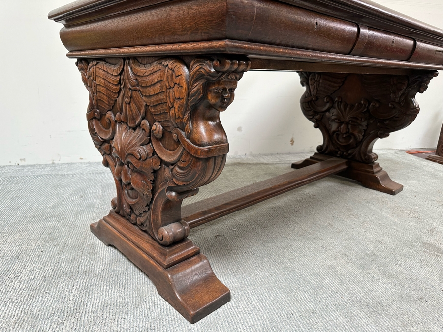 Stunning Antique Carved Tiger Oak Wooden Writing Desk 59W X 33D X 31H [Photo 21]