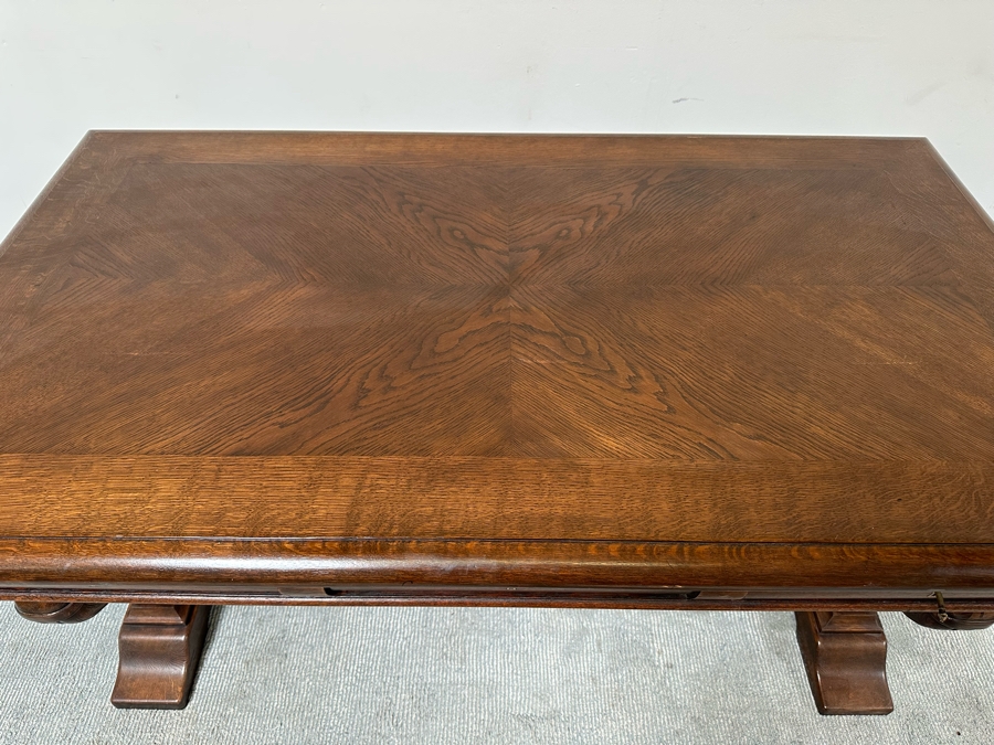 Stunning Antique Carved Tiger Oak Wooden Writing Desk 59W X 33D X 31H [Photo 9]