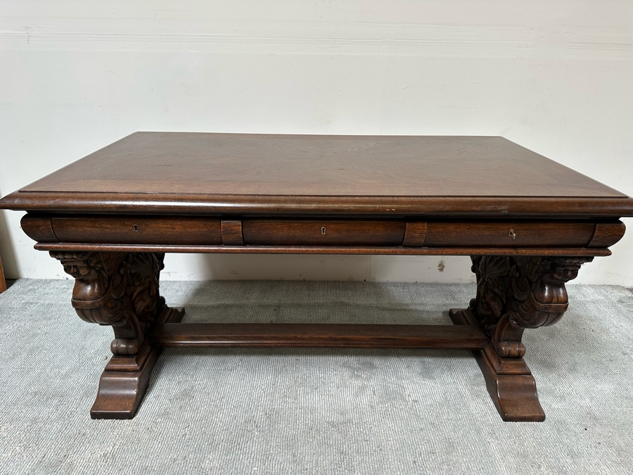 Stunning Antique Carved Tiger Oak Wooden Writing Desk 59W X 33D X 31H [Photo 8]