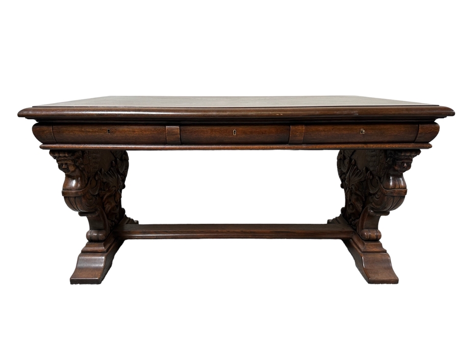 Stunning Antique Carved Tiger Oak Wooden Writing Desk 59W X 33D X 31H [Photo 3]