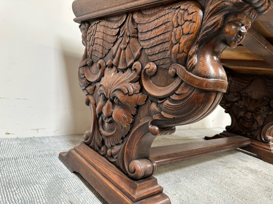 Stunning Antique Carved Tiger Oak Wooden Writing Desk 59W X 33D X 31H [Photo 17]