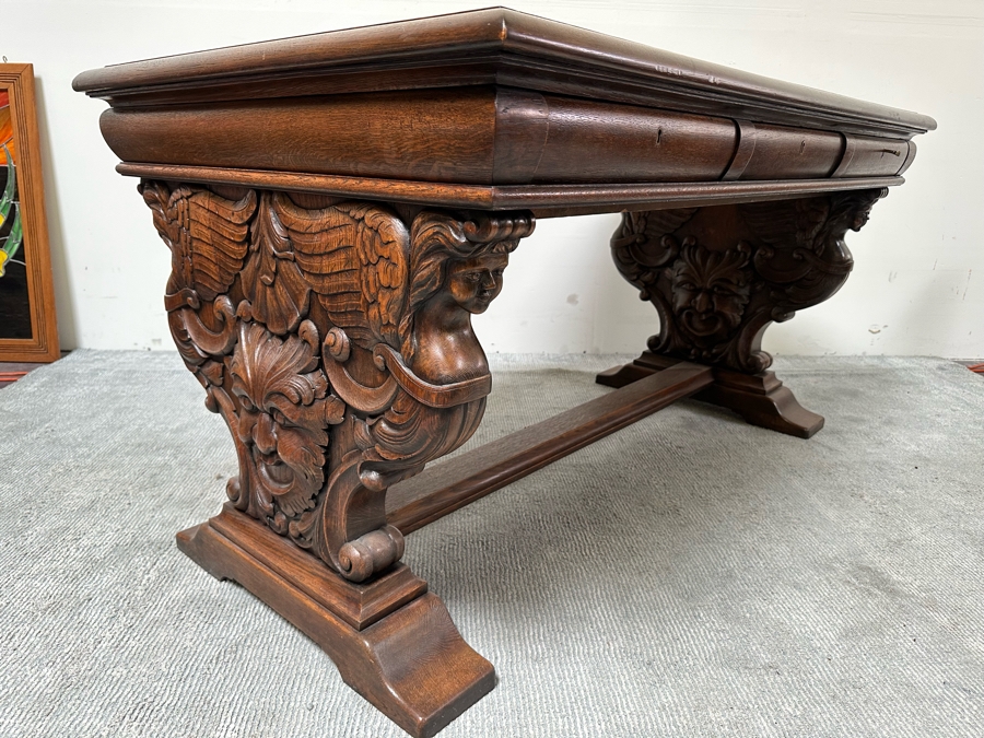 Stunning Antique Carved Tiger Oak Wooden Writing Desk 59W X 33D X 31H [Photo 22]