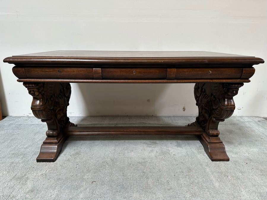 Stunning Antique Carved Tiger Oak Wooden Writing Desk 59W X 33D X 31H [Photo 6]