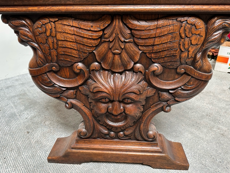 Stunning Antique Carved Tiger Oak Wooden Writing Desk 59W X 33D X 31H [Photo 25]