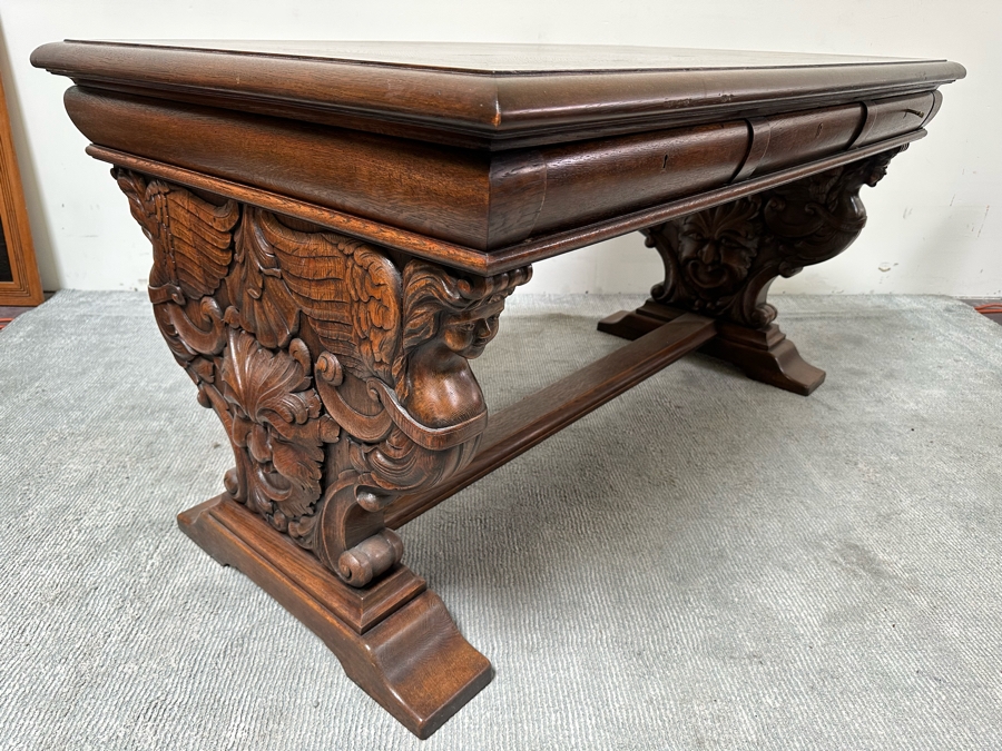 Stunning Antique Carved Tiger Oak Wooden Writing Desk 59W X 33D X 31H [Photo 23]