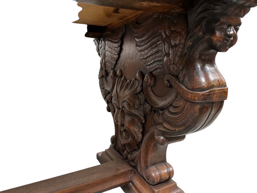 Stunning Antique Carved Tiger Oak Wooden Writing Desk 59W X 33D X 31H [Photo 5]