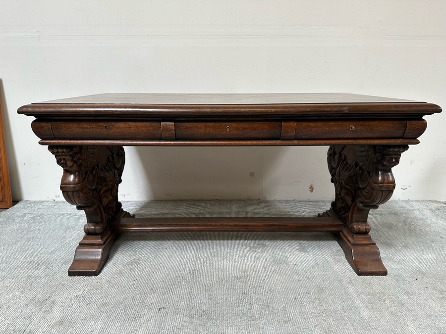 Stunning Antique Carved Tiger Oak Wooden Writing Desk 59W X 33D X 31H [Photo 7]