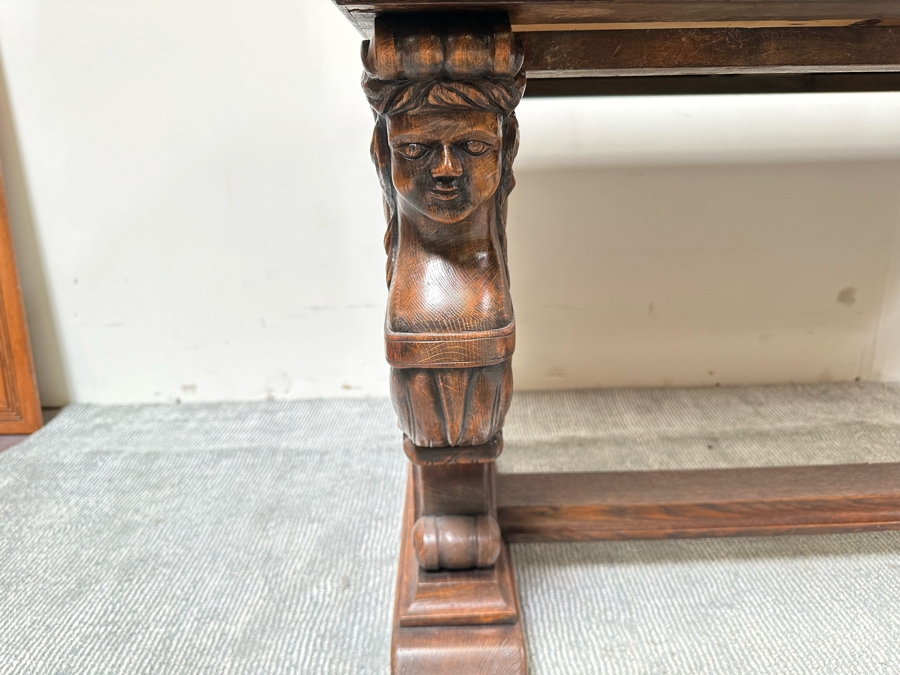 Stunning Antique Carved Tiger Oak Wooden Writing Desk 59W X 33D X 31H [Photo 13]