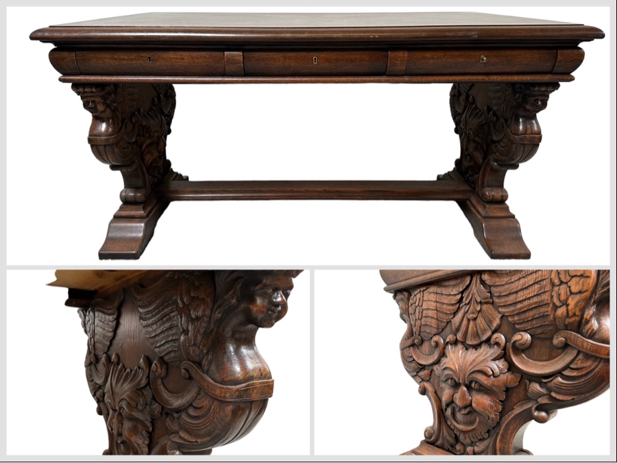 Stunning Antique Carved Tiger Oak Wooden Writing Desk 59W X 33D X 31H [Photo 2]