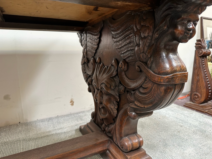 Stunning Antique Carved Tiger Oak Wooden Writing Desk 59W X 33D X 31H [Photo 14]