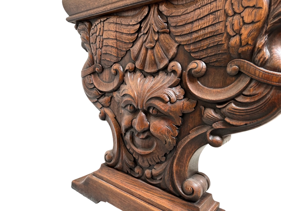Stunning Antique Carved Tiger Oak Wooden Writing Desk 59W X 33D X 31H [Photo 4]