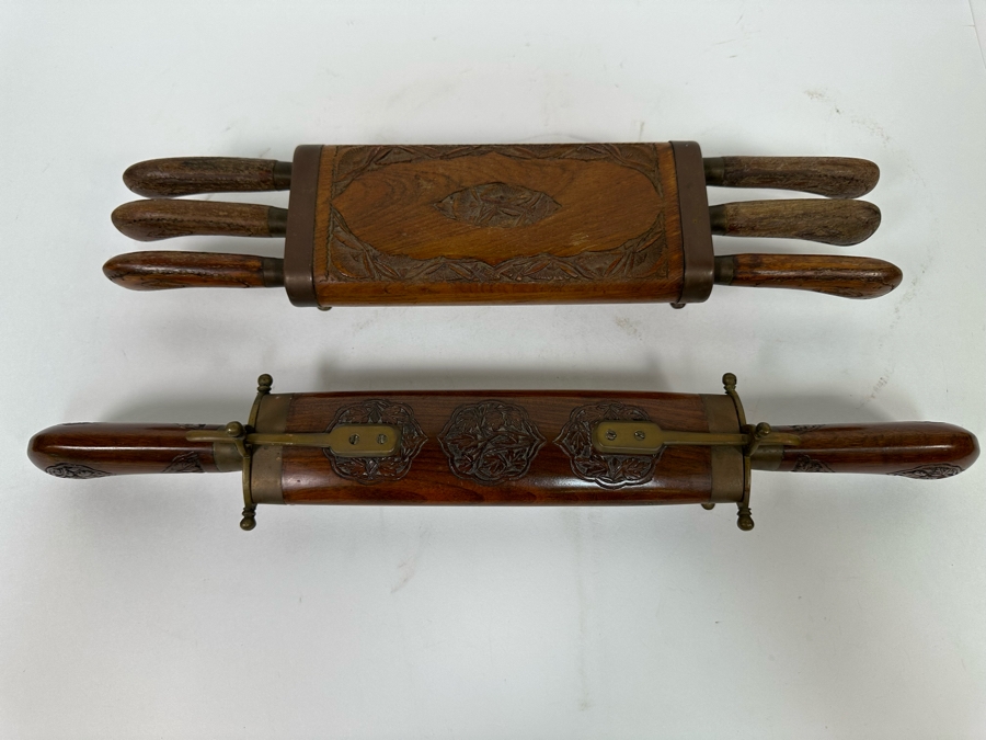 Vintage Carving Set With Carved Wooden Footed Case And Steak Knives With Carved Wooden Footed Holder From India [Photo 2]