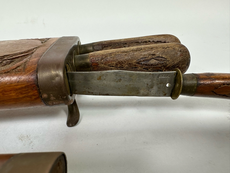 Vintage Carving Set With Carved Wooden Footed Case And Steak Knives With Carved Wooden Footed Holder From India [Photo 10]