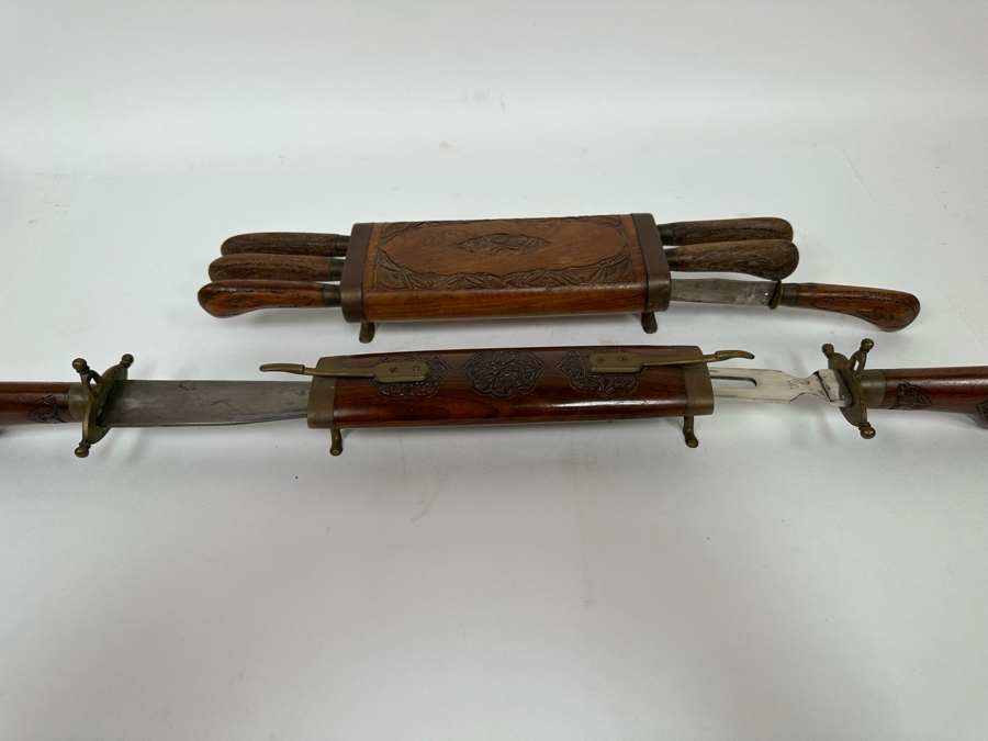 Vintage Carving Set With Carved Wooden Footed Case And Steak Knives With Carved Wooden Footed Holder From India [Photo 8]