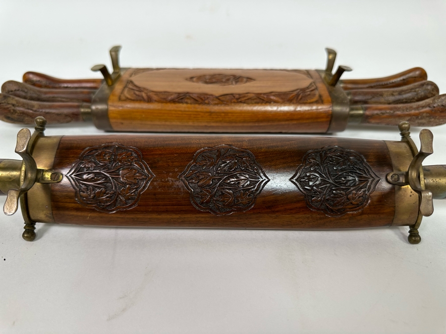 Vintage Carving Set With Carved Wooden Footed Case And Steak Knives With Carved Wooden Footed Holder From India [Photo 12]
