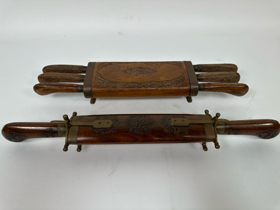 Vintage Carving Set With Carved Wooden Footed Case And Steak Knives With Carved Wooden Footed Holder From India [Photo 3]