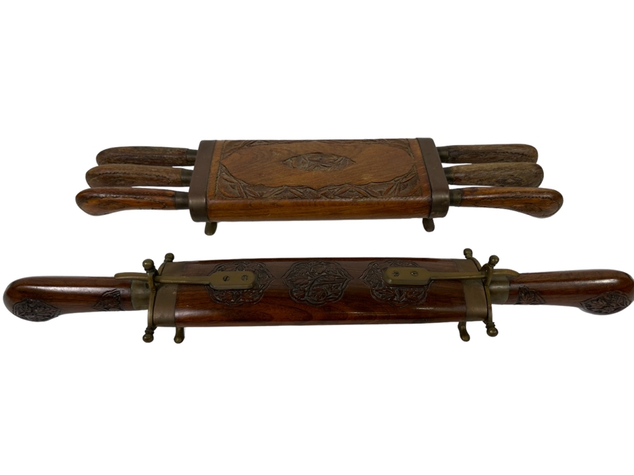 Vintage Carving Set With Carved Wooden Footed Case And Steak Knives With Carved Wooden Footed Holder From India