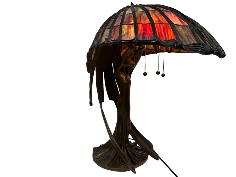 Peter Behrens Art Deco Stunning Flying Lady Bronze Table Lamp, Tiffany Style Signed Behrens [Photo 9]