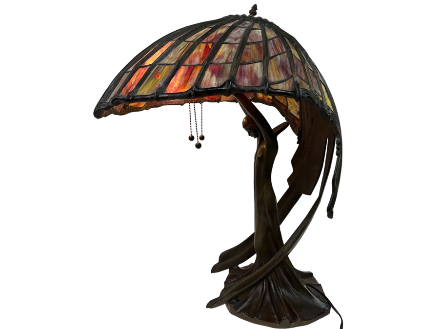 Peter Behrens Art Deco Stunning Flying Lady Bronze Table Lamp, Tiffany Style Signed Behrens [Photo 4]