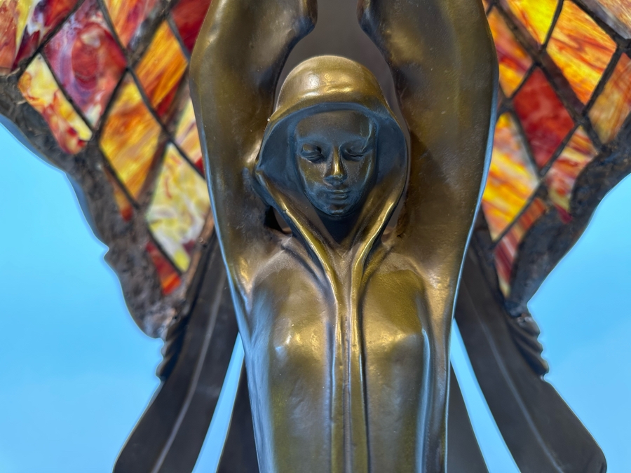 Peter Behrens Art Deco Stunning Flying Lady Bronze Table Lamp, Tiffany Style Signed Behrens [Photo 13]