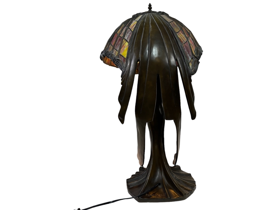 Peter Behrens Art Deco Stunning Flying Lady Bronze Table Lamp, Tiffany Style Signed Behrens [Photo 12]
