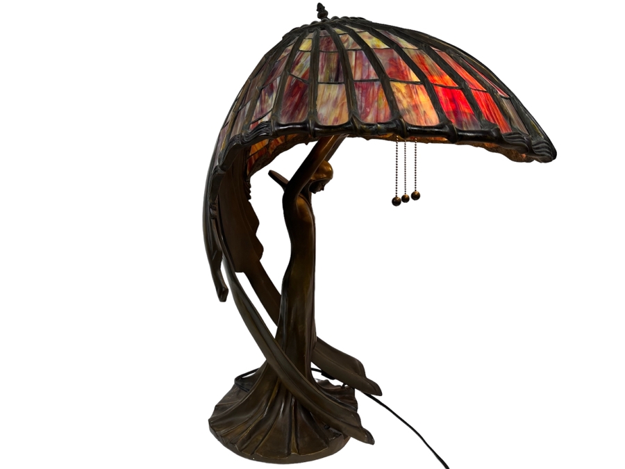 Peter Behrens Art Deco Stunning Flying Lady Bronze Table Lamp, Tiffany Style Signed Behrens