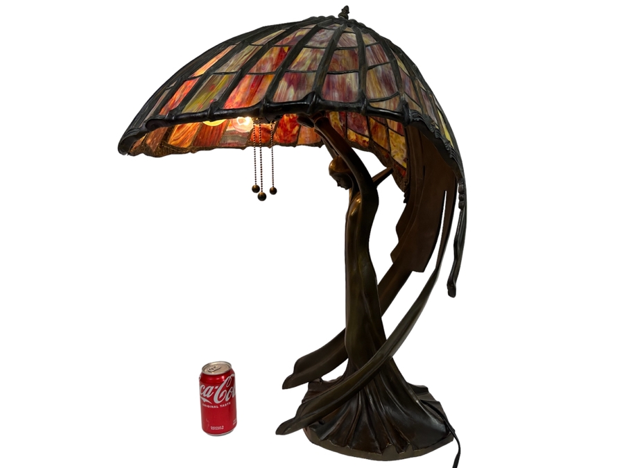 Peter Behrens Art Deco Stunning Flying Lady Bronze Table Lamp, Tiffany Style Signed Behrens [Photo 3]