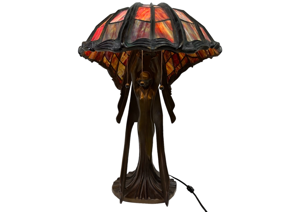 Peter Behrens Art Deco Stunning Flying Lady Bronze Table Lamp, Tiffany Style Signed Behrens [Photo 5]