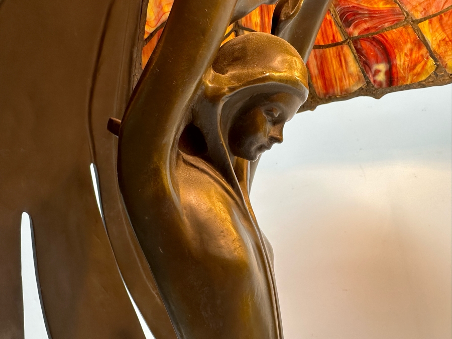 Peter Behrens Art Deco Stunning Flying Lady Bronze Table Lamp, Tiffany Style Signed Behrens [Photo 17]