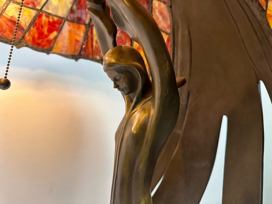 Peter Behrens Art Deco Stunning Flying Lady Bronze Table Lamp, Tiffany Style Signed Behrens [Photo 23]