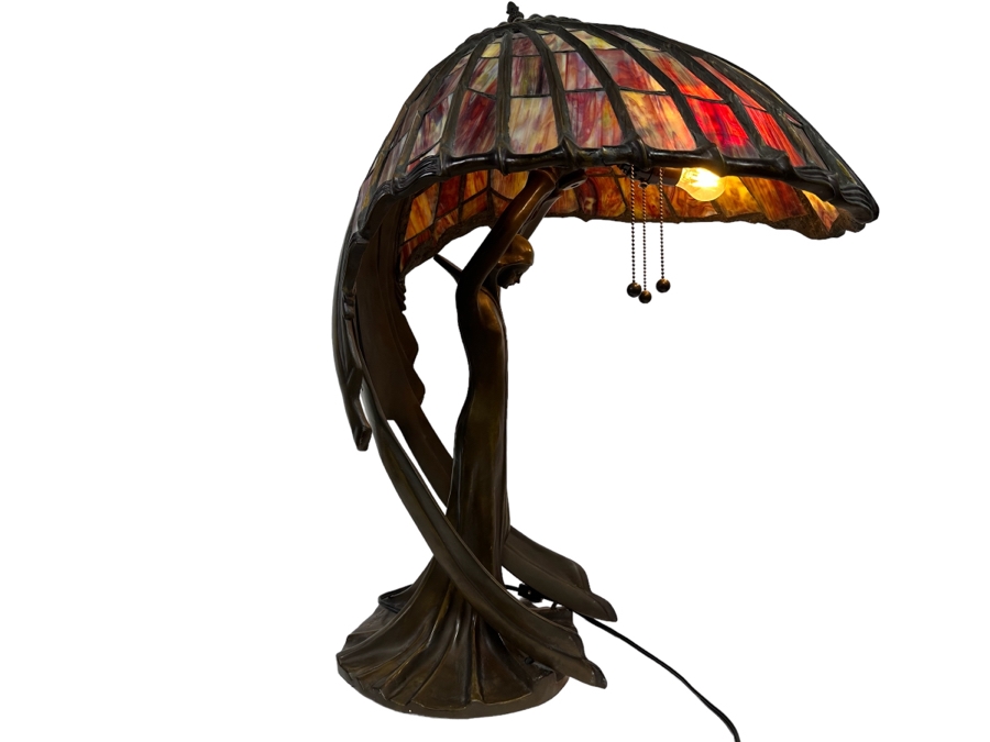 Peter Behrens Art Deco Stunning Flying Lady Bronze Table Lamp, Tiffany Style Signed Behrens [Photo 11]