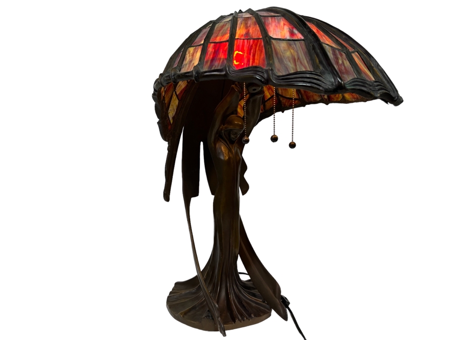 Peter Behrens Art Deco Stunning Flying Lady Bronze Table Lamp, Tiffany Style Signed Behrens [Photo 8]