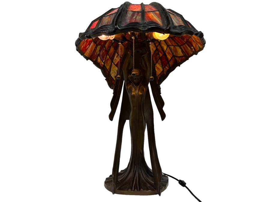 Peter Behrens Art Deco Stunning Flying Lady Bronze Table Lamp, Tiffany Style Signed Behrens [Photo 6]
