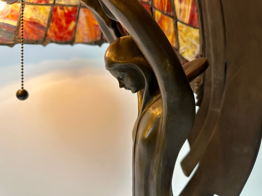 Peter Behrens Art Deco Stunning Flying Lady Bronze Table Lamp, Tiffany Style Signed Behrens [Photo 22]