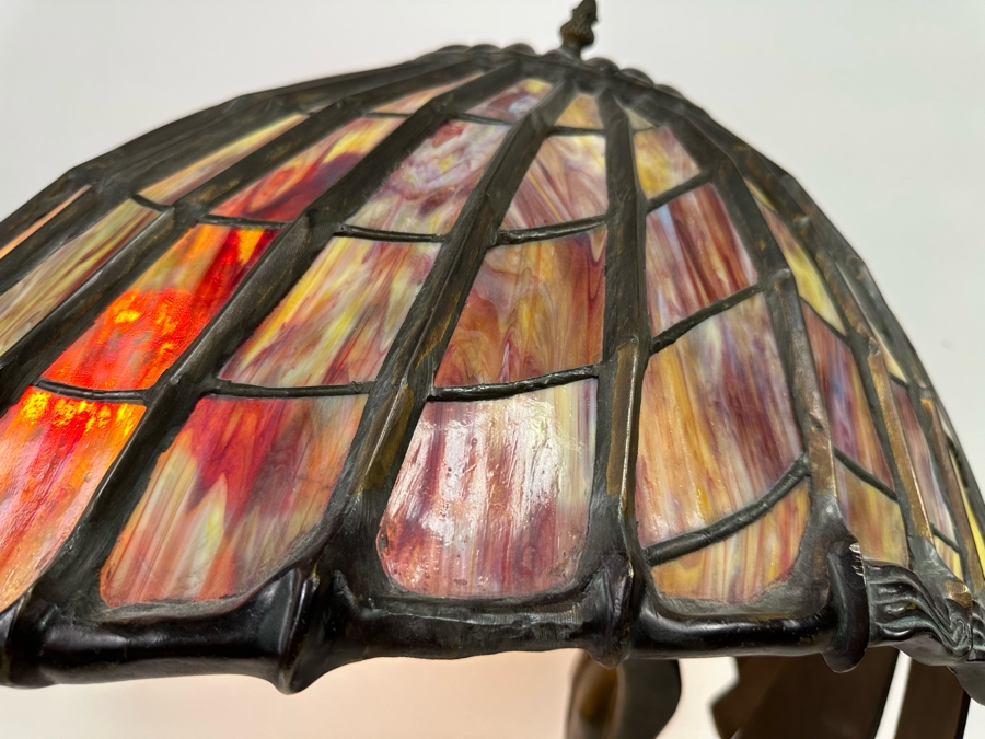 Peter Behrens Art Deco Stunning Flying Lady Bronze Table Lamp, Tiffany Style Signed Behrens [Photo 21]