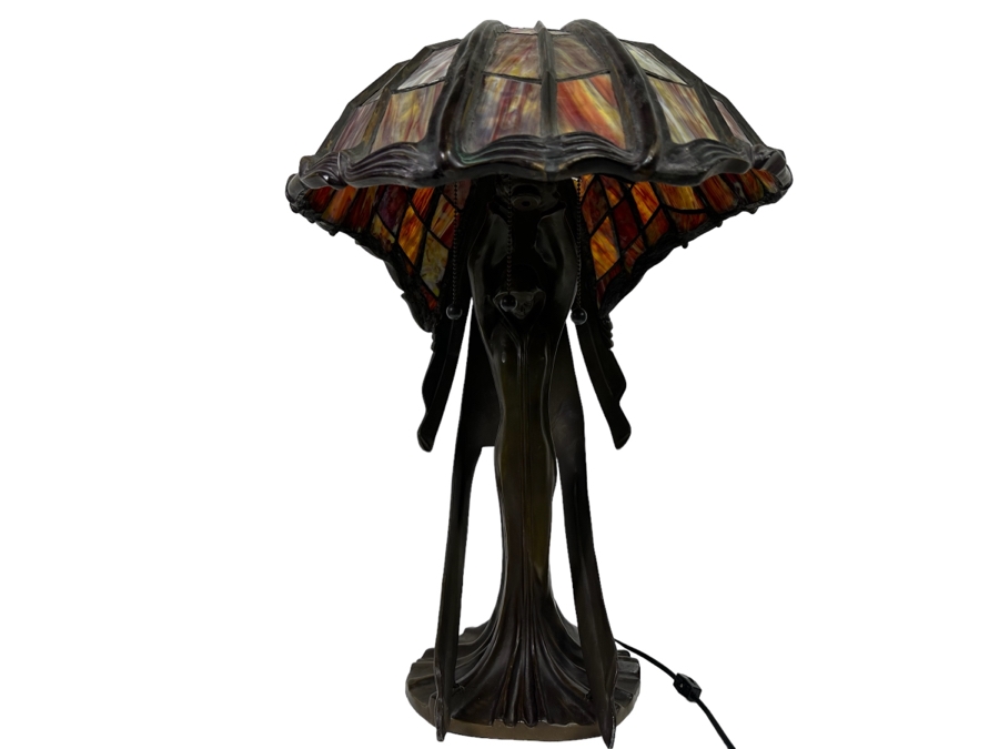 Peter Behrens Art Deco Stunning Flying Lady Bronze Table Lamp, Tiffany Style Signed Behrens [Photo 7]