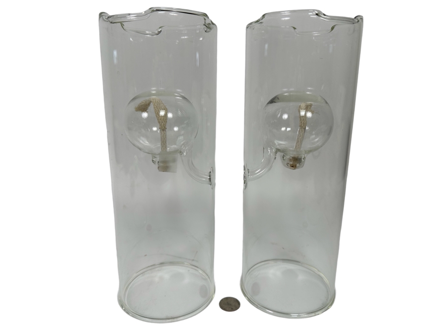 Pair Of Handblown Wolfard Glass Oil Lamps 12H