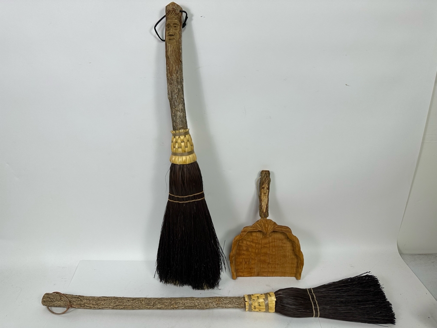 Vintage Carved Tree Limb Broom 36L And Dust Pan Plus Vintage Tree Limb Broom 31L [Photo 2]